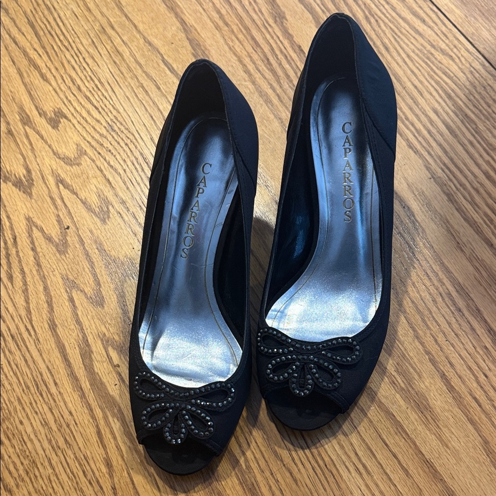 Caparros Black Peep Toe Heels with Bow Accent